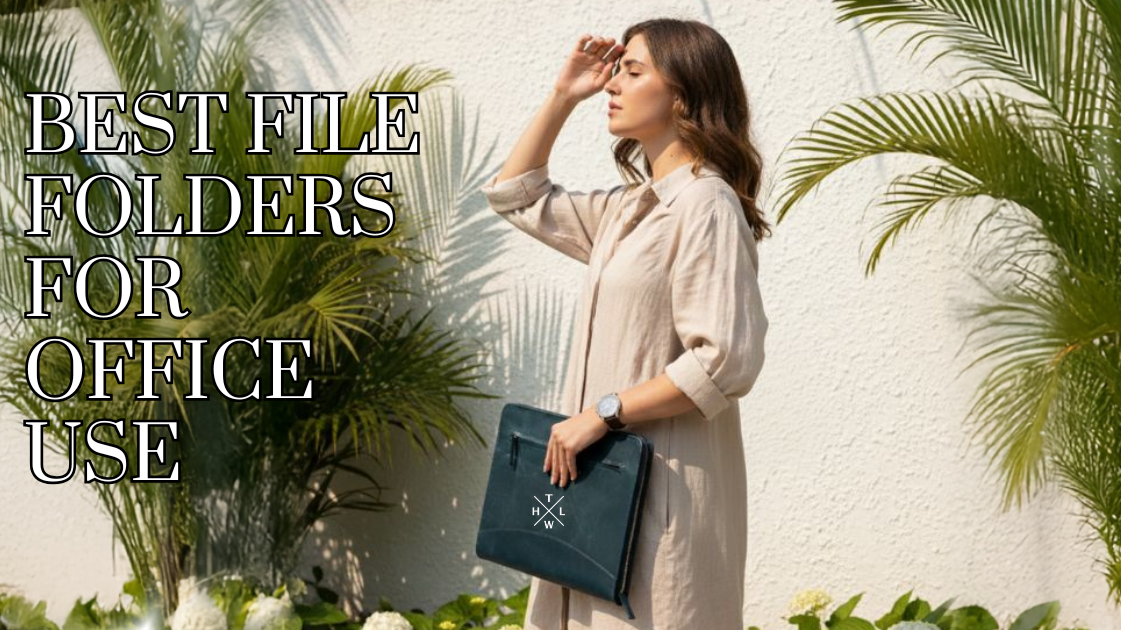 Woman holding a leather file folder for office use while standing outdoors near plants.