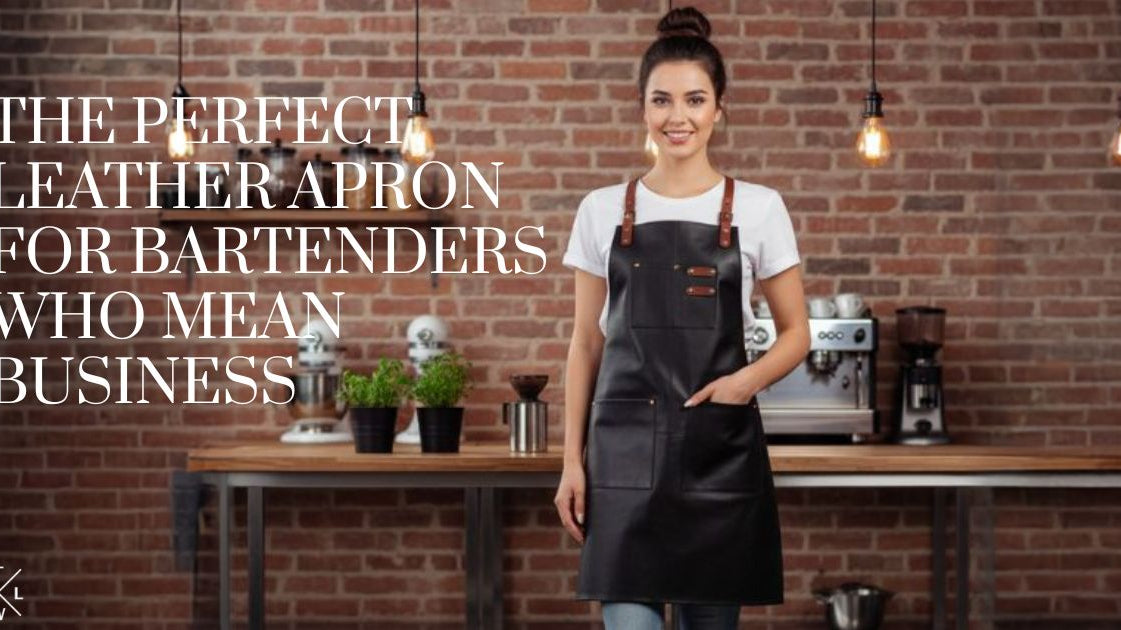 Female bartender wearing a stylish black leather apron with brown straps, standing confidently in a modern bar with brick wall background — featuring text that reads ‘The Perfect Leather Apron for Bartenders Who Mean Business