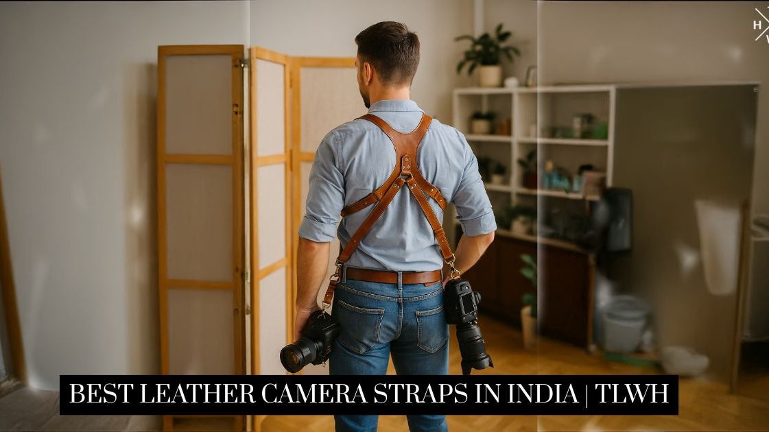 Man wearing brown leather camera harness with two cameras – Best Leather Camera Straps in India by TLWH.