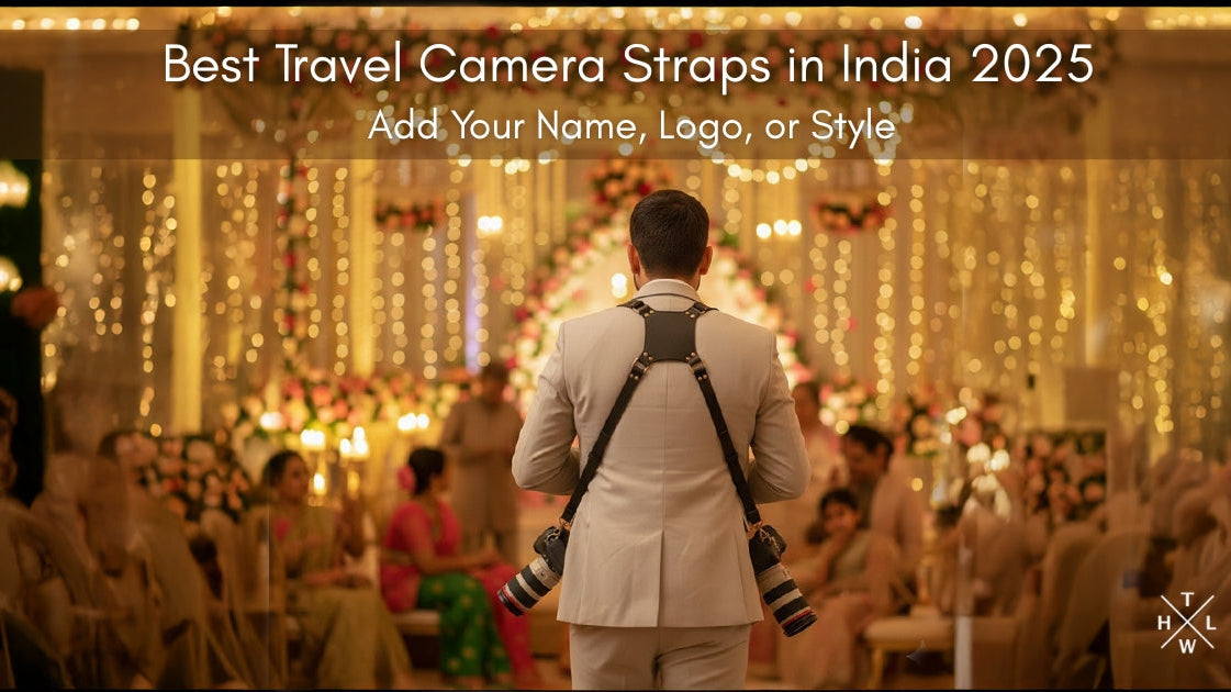 Man in formal attire with a camera strap in a decorated indoor setting