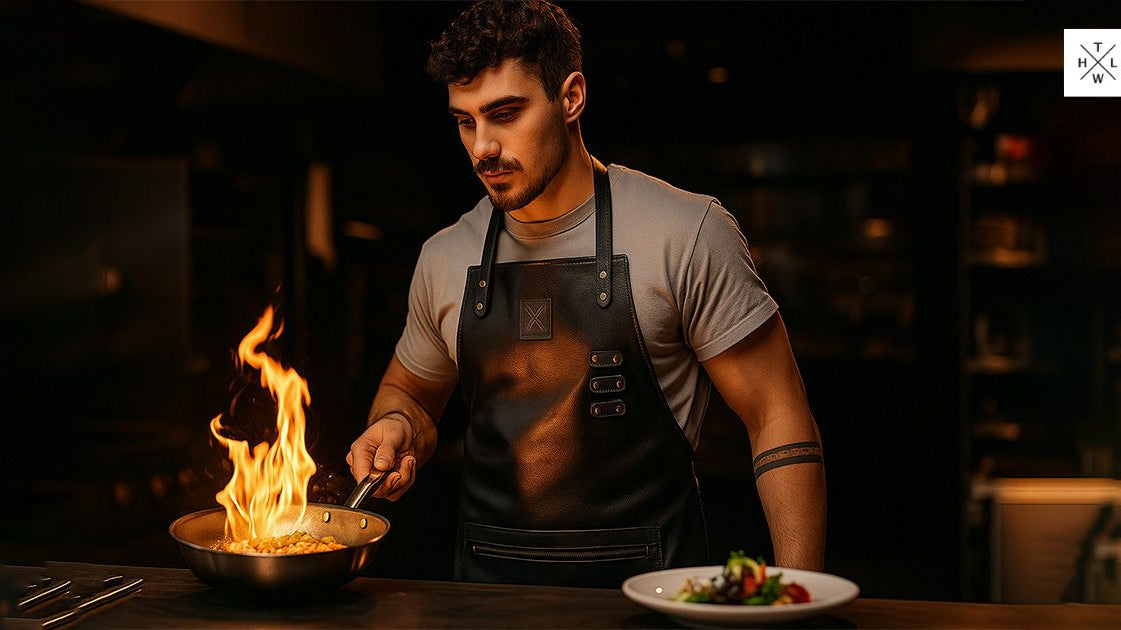 Chef wearing Personalized Leather Apron while cooking, featuring durable leather, adjustable straps, and custom personalization.