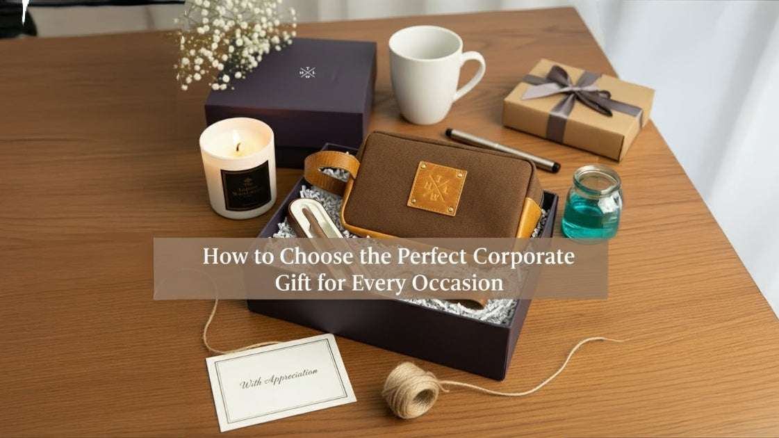 Premium leather corporate gift set including a brown pouch, candle, and thank-you card on a wooden desk — featuring The Leather Warehouse branding with text overlay ‘How to Choose the Perfect Corporate Gift for Every Occasion.