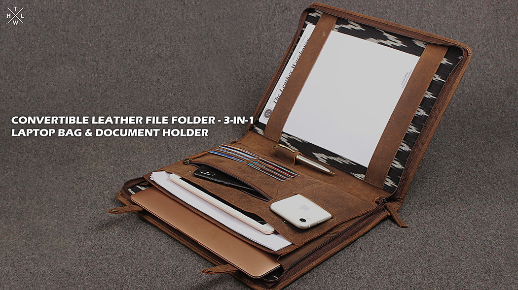 Multi-Use Convertible Leather Folder - Laptop Bag + File Organizer