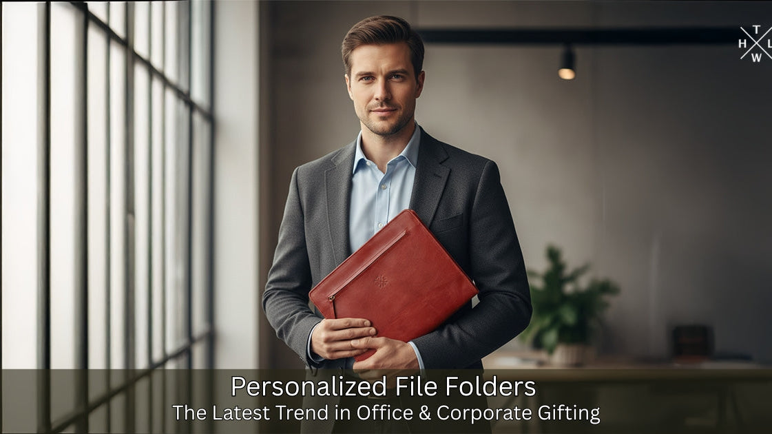 Man holding a red file folder in an office setting with text about personalized file folders.