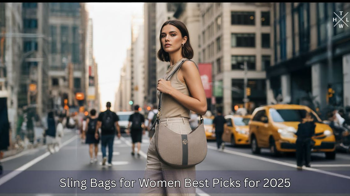 Woman holding a beige sling bag on a city street with text about sling bags for women.