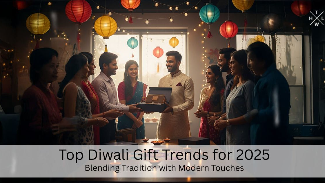 Group of people celebrating Diwali with decorative lights and a gift exchange.