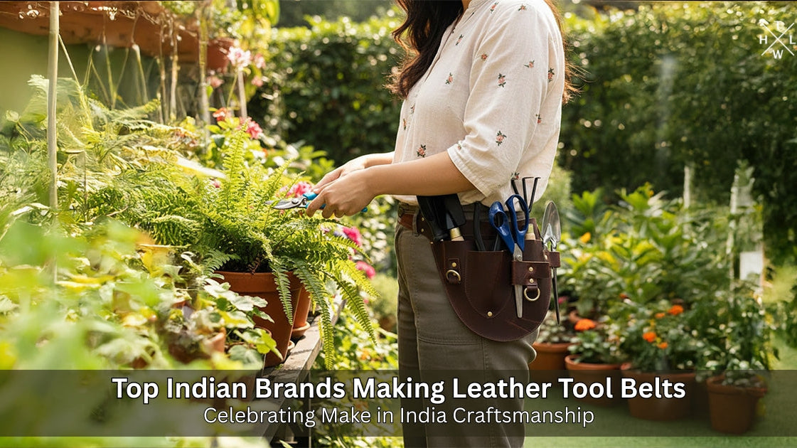 women in a garden wearing a leather tool belt with gardening tools.