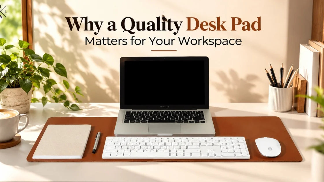 Quality desk pad with a laptop, keyboard, mouse, notebook, and pen on a neatly arranged workspace