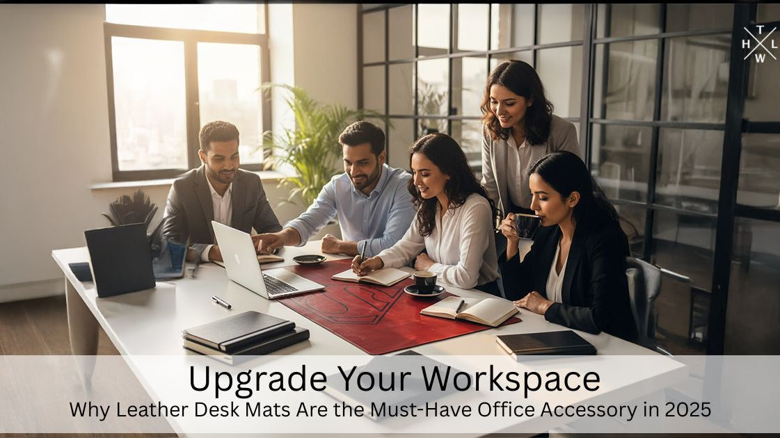 Group of people working together in an office setting with text overlay about leather desk mats.