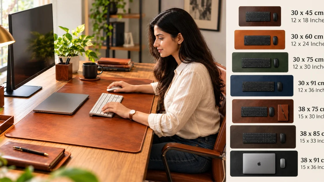 Leather desk mat size guide showing different desk mat sizes for keyboards, mice, laptops, and home office setups.