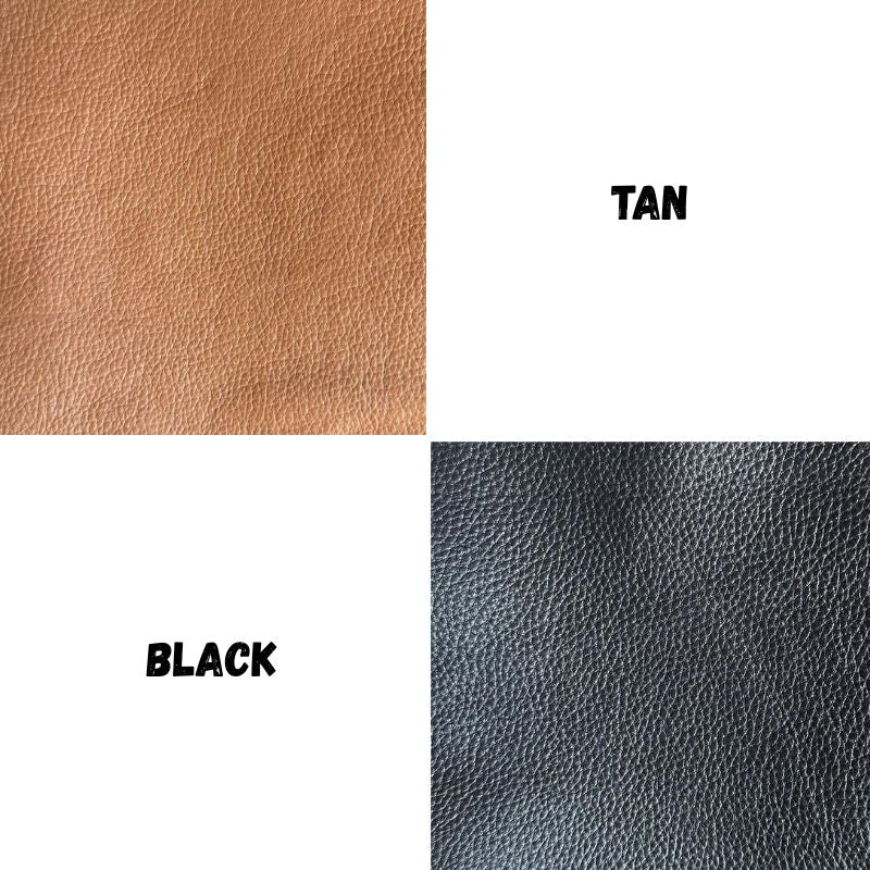 Leather swatches in tan, black, and gray with labels on a white background