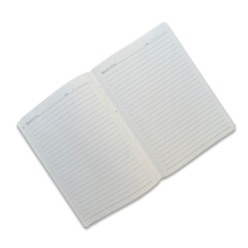 Open notebook with lined pages on a white background