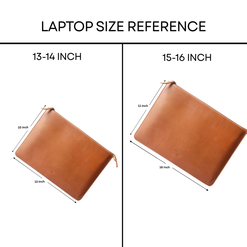 Laptop size reference chart with brown leather sleeves for 13-14 inch and 15-16 inch laptops.