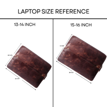 Laptop reference chart showing 13-14 inch and 15-16 inch dimensions with a brown leather sleeve.
