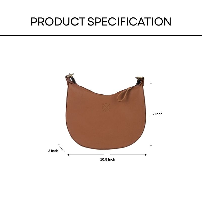 Brown leather sling handbag with dimensions on a white background