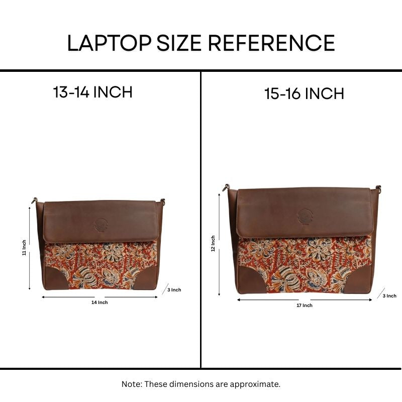 Laptop size reference chart with two bags labeled for 13-14 inch and 15-16 inch laptops.