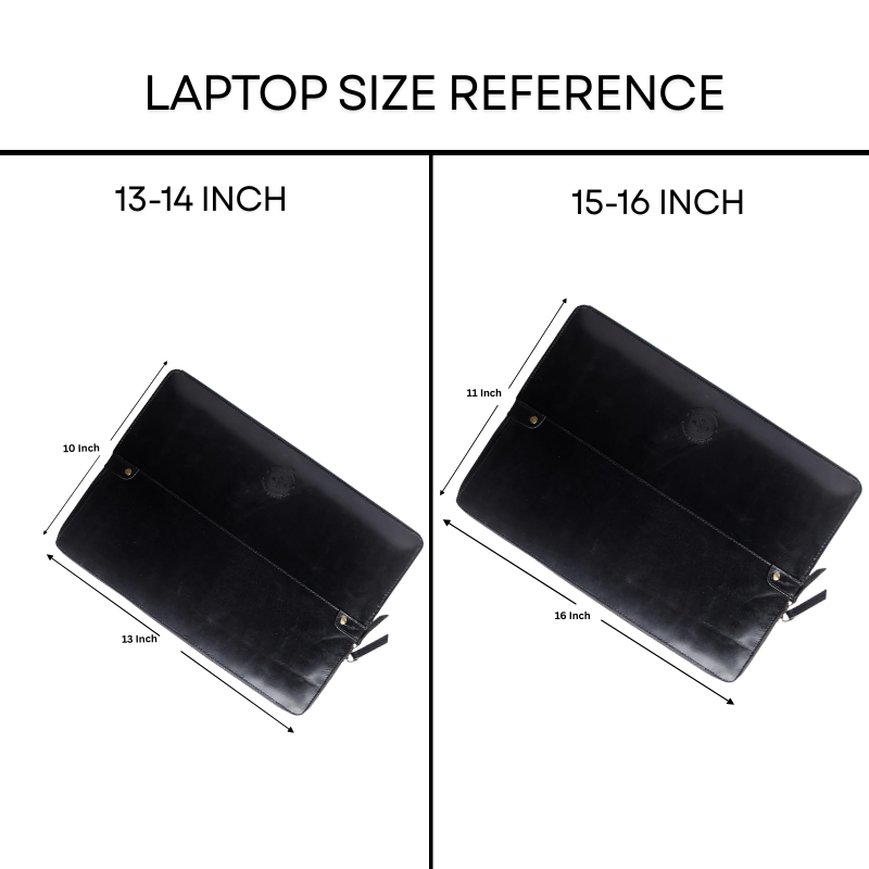 Laptop size reference chart showing 13-14 inch and 15-16 inch laptops with dimensions.