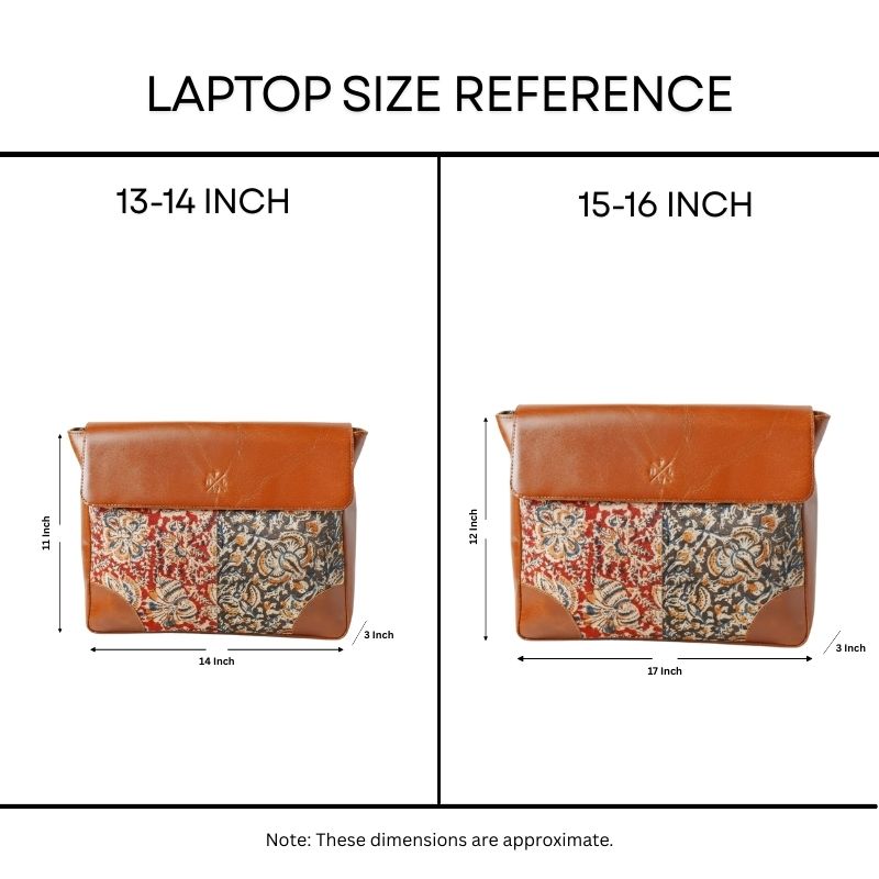 Laptop size reference chart with two bags labeled for 13-14 inch and 15-16 inch laptops.