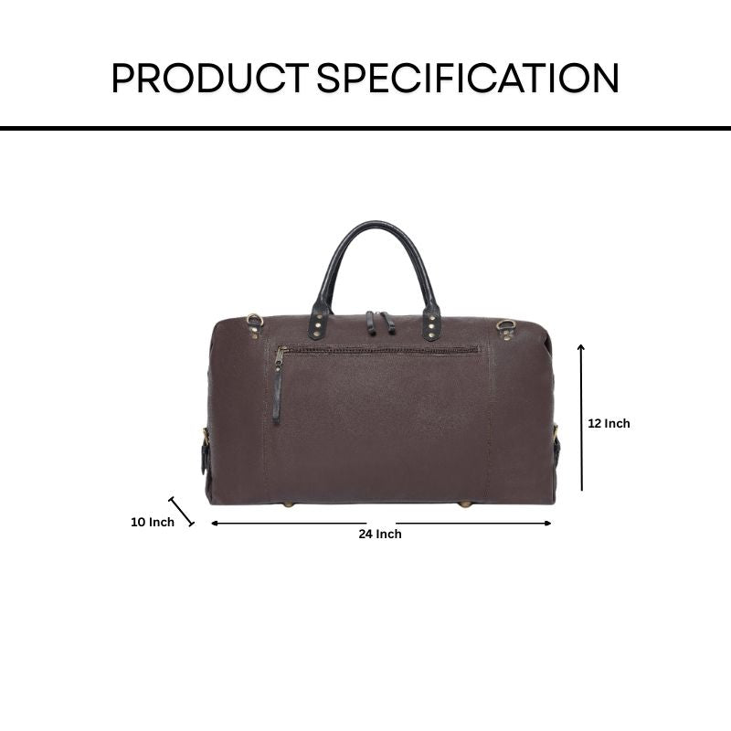 Brown duffel bag with dimensions labeled on a white background