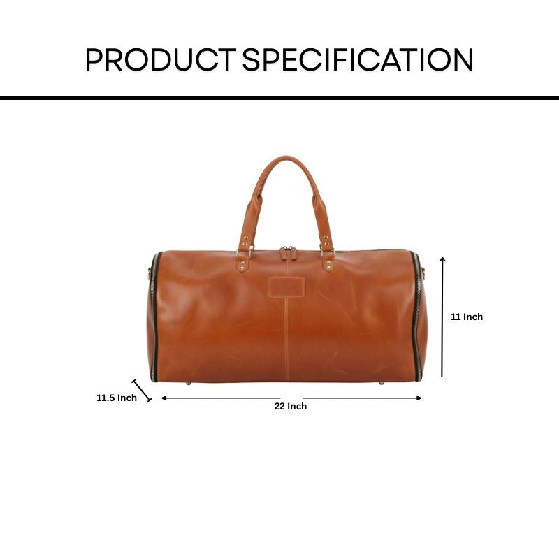 Brown leather duffel bag with dimensions on a white background