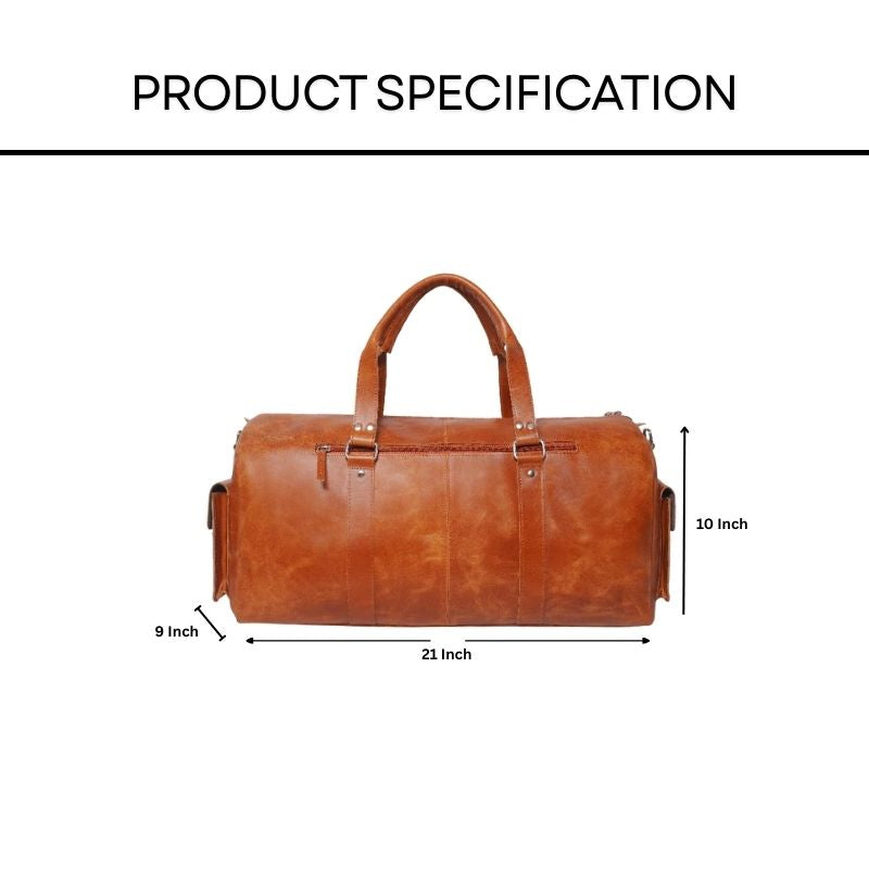 Brown leather duffel bag with dimensions on a white background