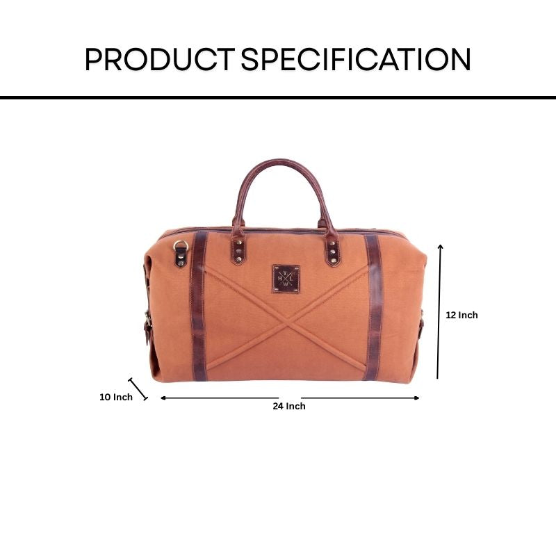 Brown duffel bag with dimensions labeled on a white background