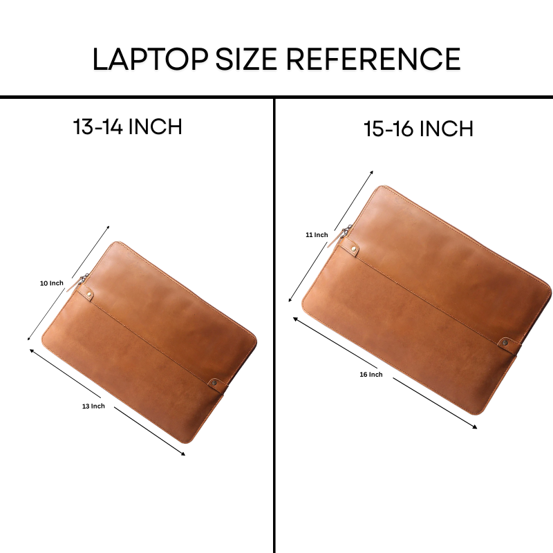 Laptop size reference chart with brown laptop sleeves for 13-14 inch and 15-16 inch laptops.