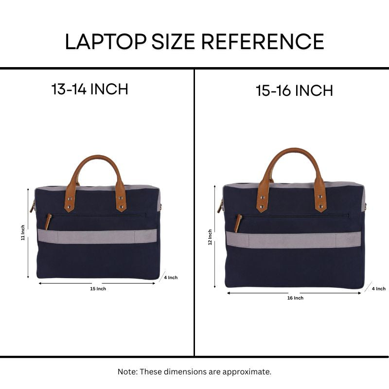 Navy blue laptop bags with brown handles for 13-14 inch and 15-16 inch laptops, with size reference measurements.