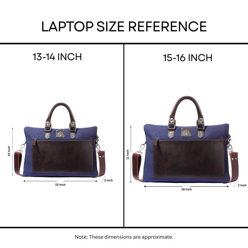 Laptop size reference chart with blue and brown bags showing dimensions for 13-14 inch and 15-16 inch laptops.