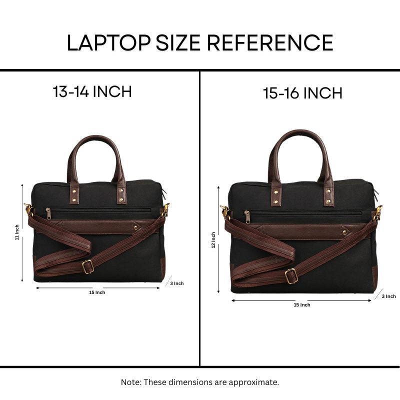 Laptop size reference chart with black bags and brown straps