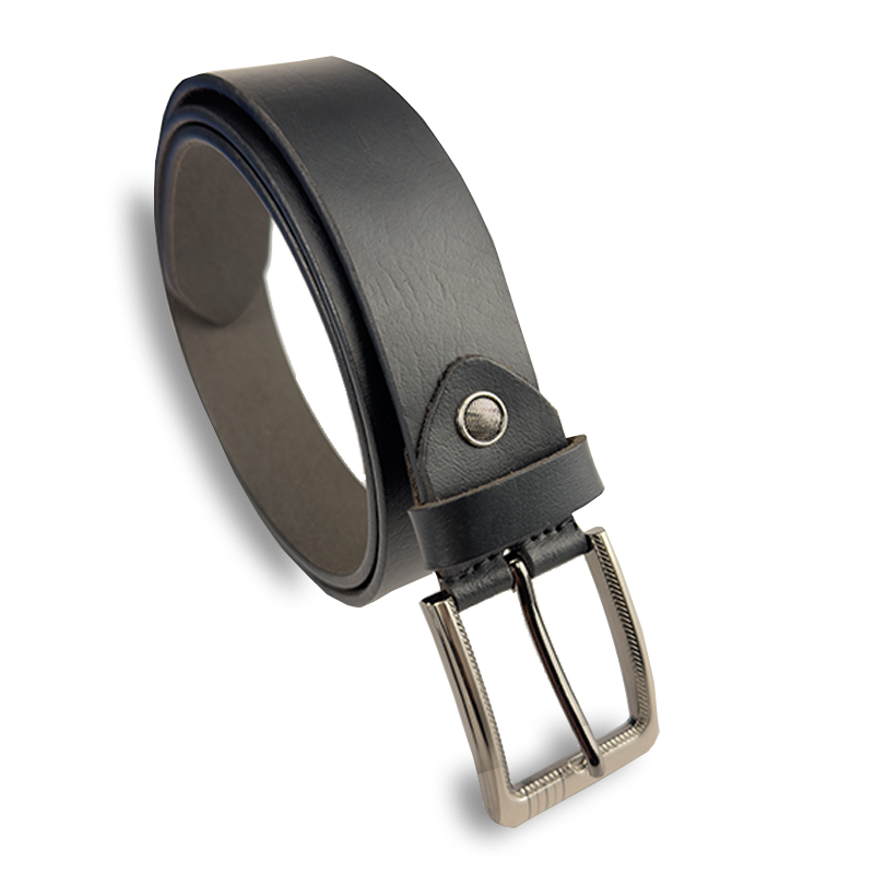 Black leather belt with a silver buckle on a white background