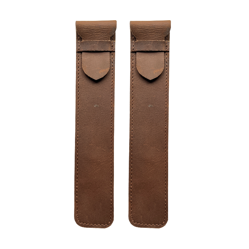 Two brown leather sheaths on a white background