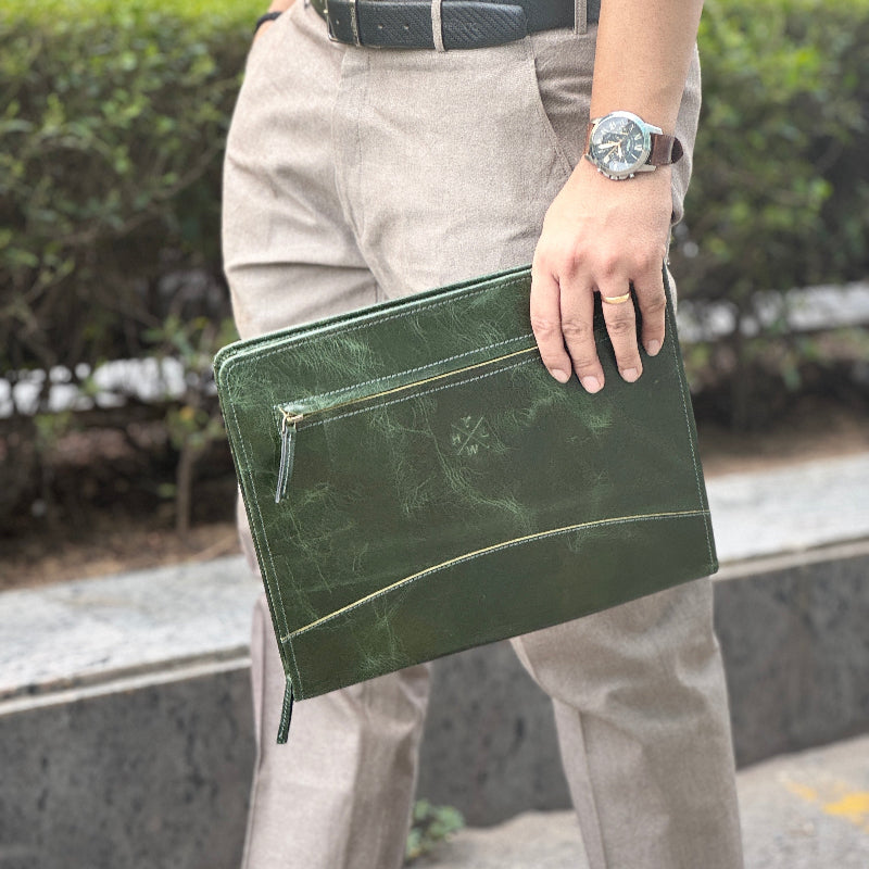 Green A4 file folder leather