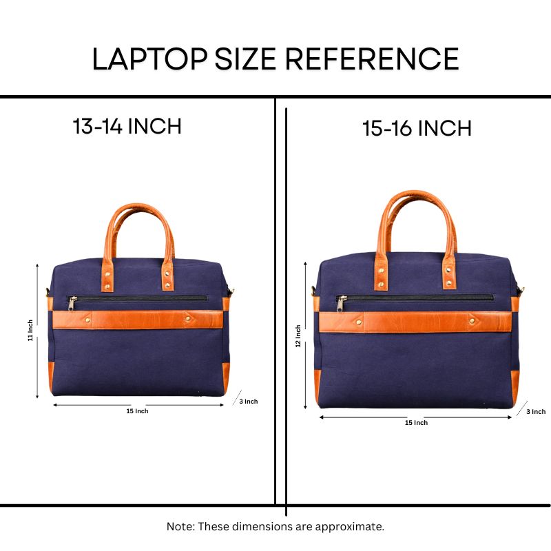 Laptop size reference chart with two bags labeled for 13-14 inch and 15-16 inch laptops.