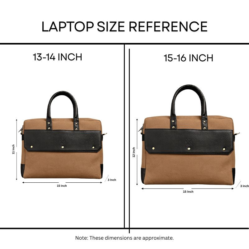 Laptop size reference chart with two bags labeled for 13-14 inch and 15-16 inch laptops.