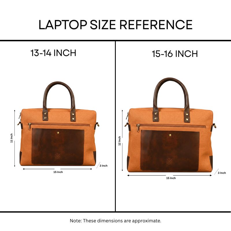Laptop size reference chart showing a brown leather bag for 13-14 inch laptops and another for 15-16 inch laptops.