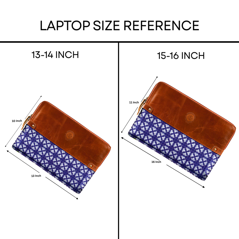 Laptop size reference chart with blue and brown pouches showing dimensions for 13-14 inch and 15-16 inch laptops.