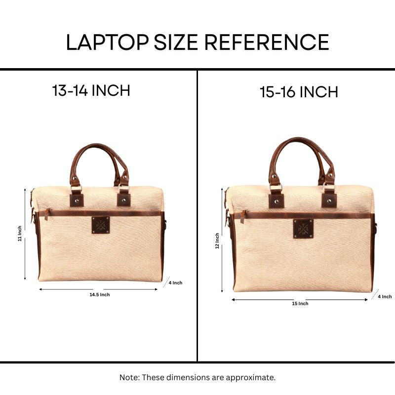 Laptop size reference chart with two bags labeled for 13-14 inch and 15-16 inch laptops.