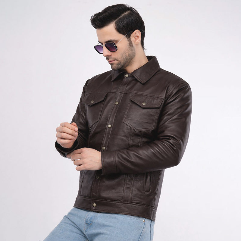 Man wearing a brown leather jacket on a white background