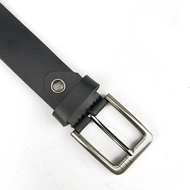Black leather belt with a silver buckle on a white background