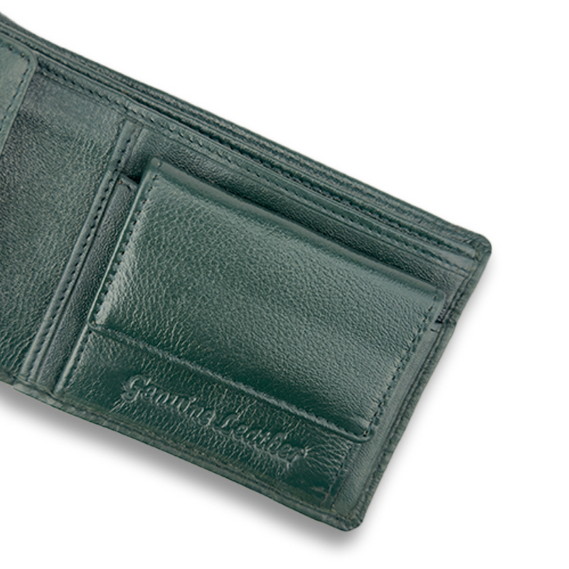 Green leather wallet with 'Gruntal Leather' branding on a white background