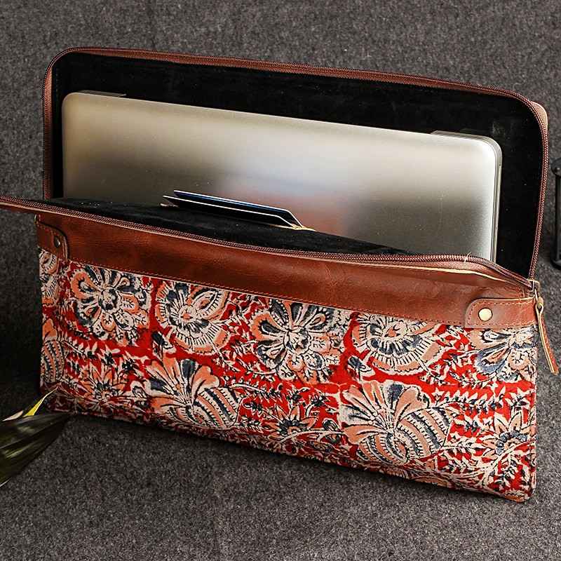 indian print leather laptop sleeve open