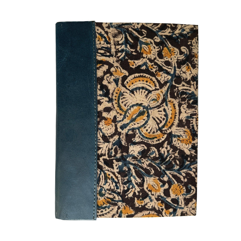 Notebook with floral patterned cover and blue spine on a white background
