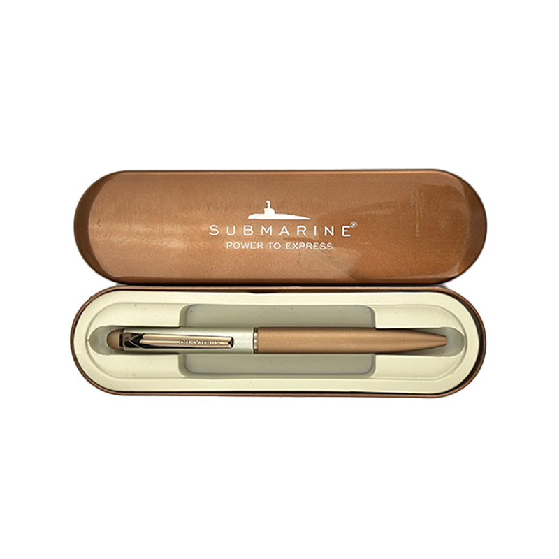 Pen set with a wooden pen and brown case on a white background, featuring the 'Submarine' brand.