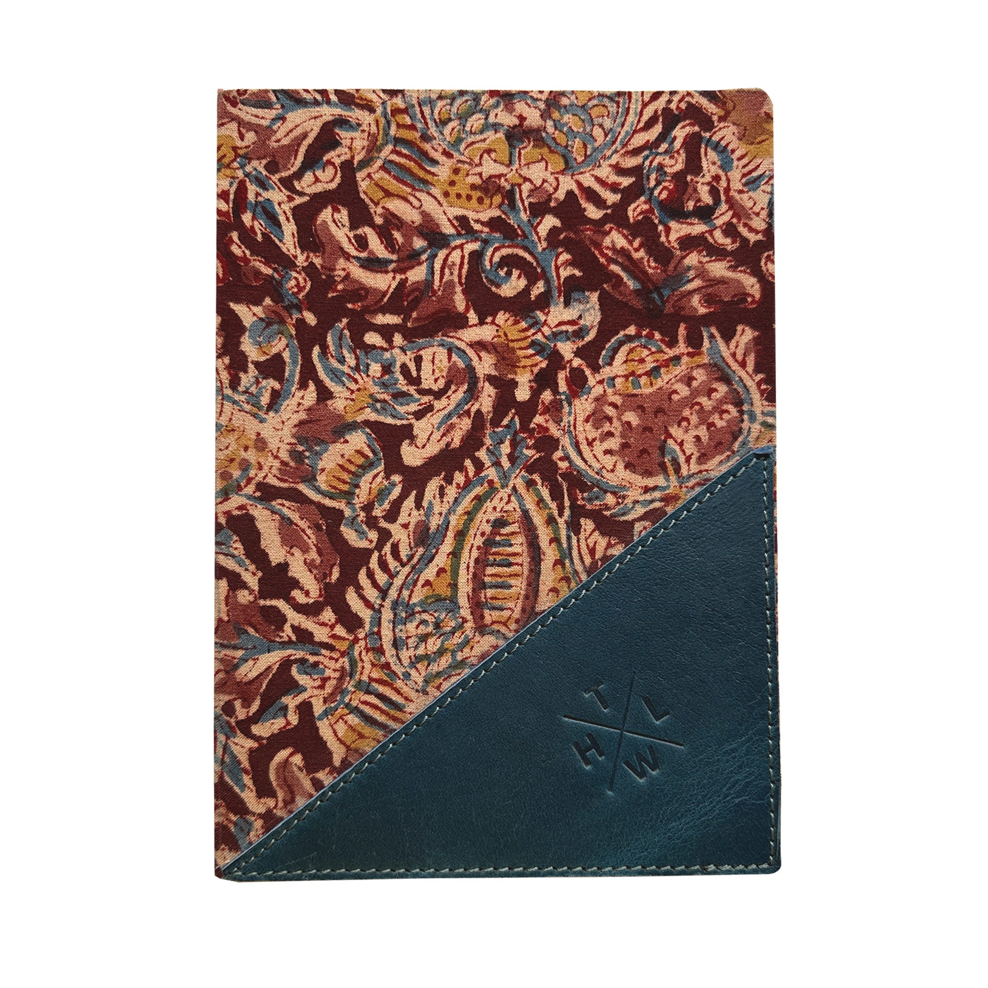 Notebook with paisley pattern and blue leather cover on a white background