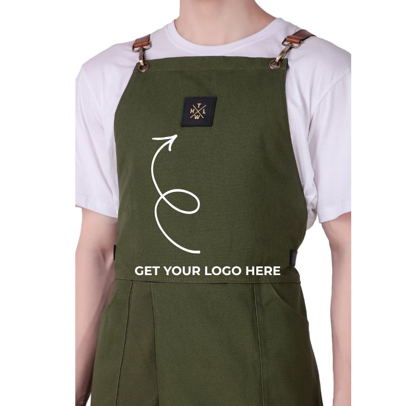 Green apron with a logo patch and text 'Get your logo here' worn by a person on a white background