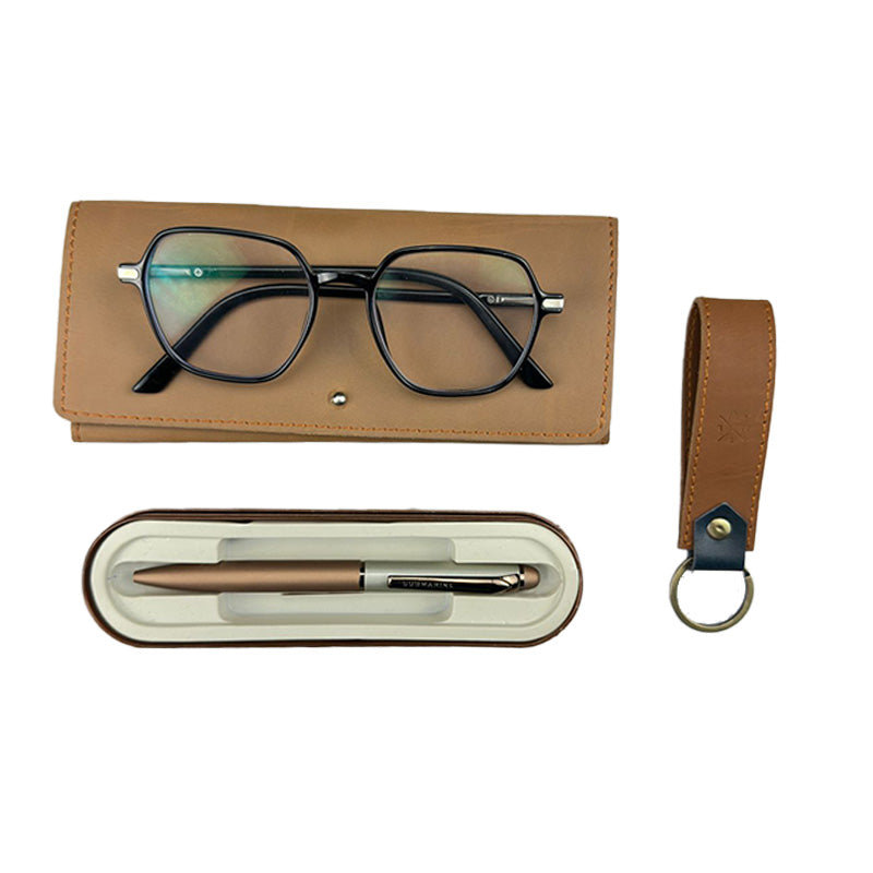 Set of glasses, pen, and keychain on a white background
