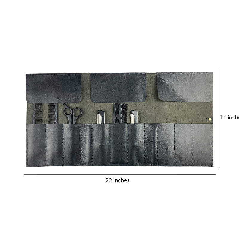 Black tool roll with compartments on a white background