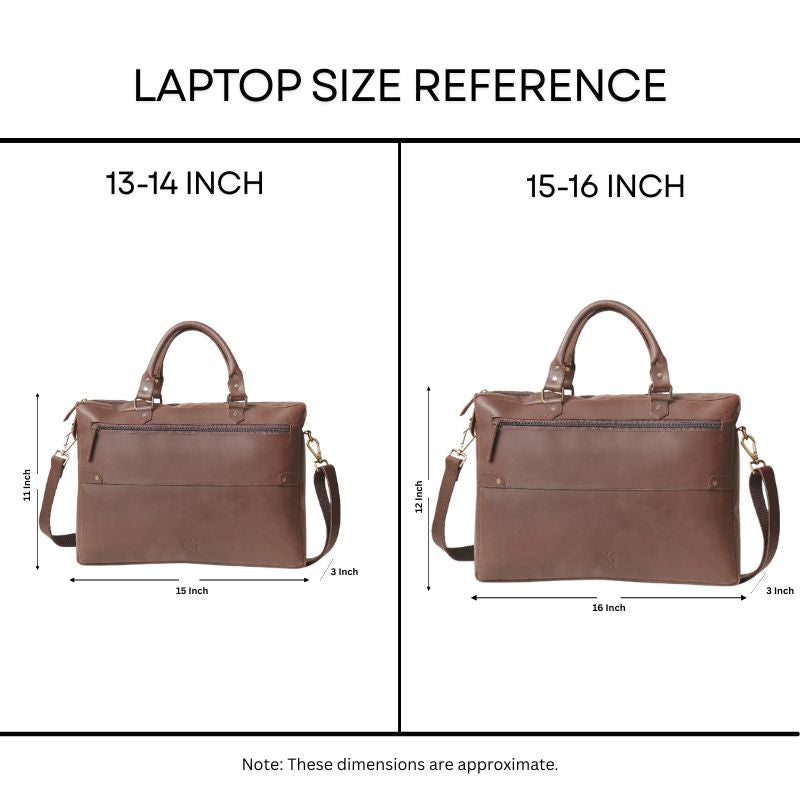Laptop size reference chart with two brown bags labeled for 13-14 inch and 15-16 inch laptops.