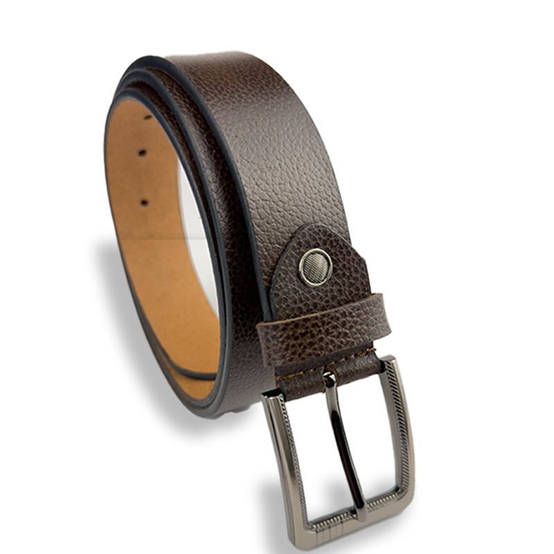 Brown leather belt with a silver buckle on a white background